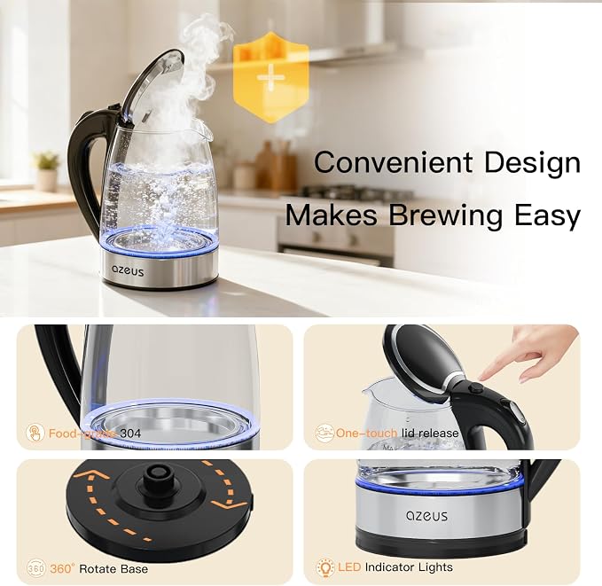 AZEUS Electric Kettle 1500W Tea Kettle, 1.8L Large Capacity with Auto Shut-Off and Boil-Dry Protection, BPA-Free