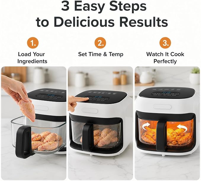 7.4QT Glass Air Fryer with Glass Basket, White | Visible Window Lid, Digital Control, 360° Air Circulation, Oil-Free Cooking & Baking, Nonstick, Dishwasher Safe Easy Clean