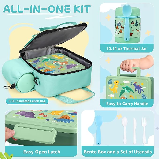 REDSHELL Kids Bento Lunch Box Set, Insulated Lunch Bag for Girls, Green | Toddler 5-Compartment Lunchbox, Leakproof Food Jar, Snack Container, School Daycare, Bottle Holder, Adjustable Shoulder Strap