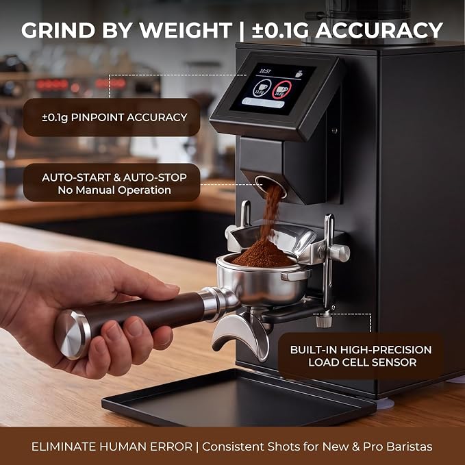 Grind by Weight Commercial Coffee Grinder, 64mm Flat Burr | Touchscreen, ±0.1g precision, dual dosing modes, 14 grind settings, 350w motor, fits portafilters, easy clean, for cafe use