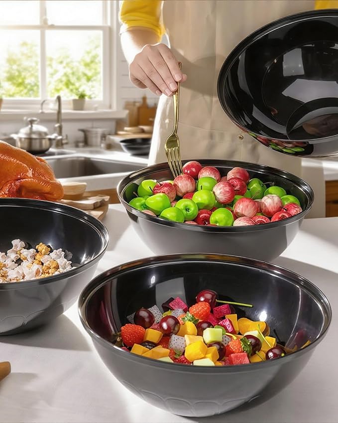 BESTVIP 150 Oz Black Plastic Serving Bowls, 4 Pack | 11.6-Inch Disposable & Reusable Bowls for Salad, Snacks, Chips & Candy, Stackable for Parties, Holidays & Meal Prep