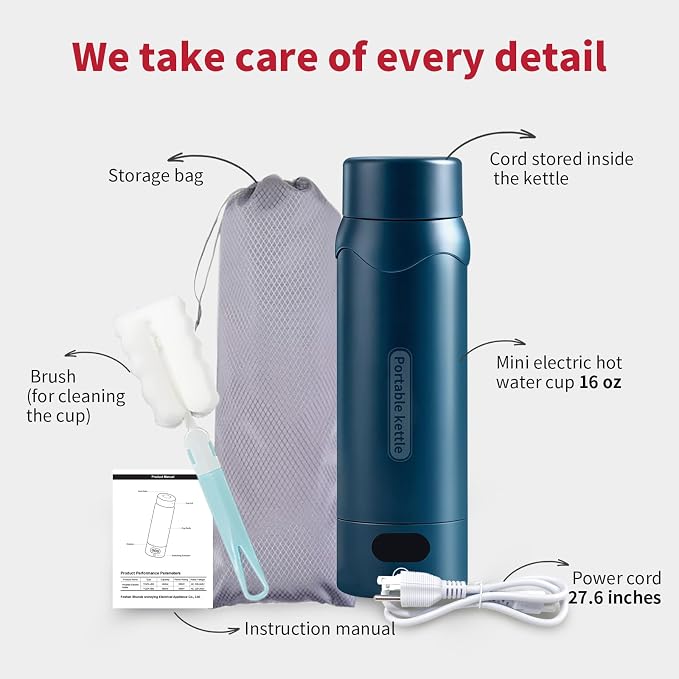 Travel Electric Kettle, Insulated Water Bottle with 4 Temp, Dark Blue | 316 Stainless Steel Liner, 400ml, Auto Shut-Off & Leak-proof, Mini Travel Essentials Portable Office Gifts for Tea Lovers