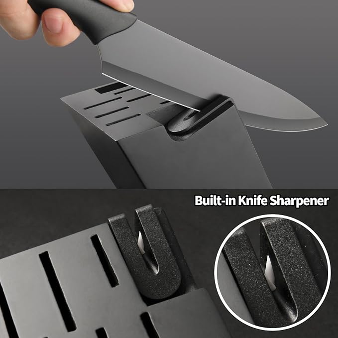 17-Piece Black German Steel Kitchen Knife Block Set | LFGB Food Safe Coating, Dishwasher Friendly. Features Non-Slip PP Cutting Board, Peeler, Built-In Sharpener & Deep Tang Core