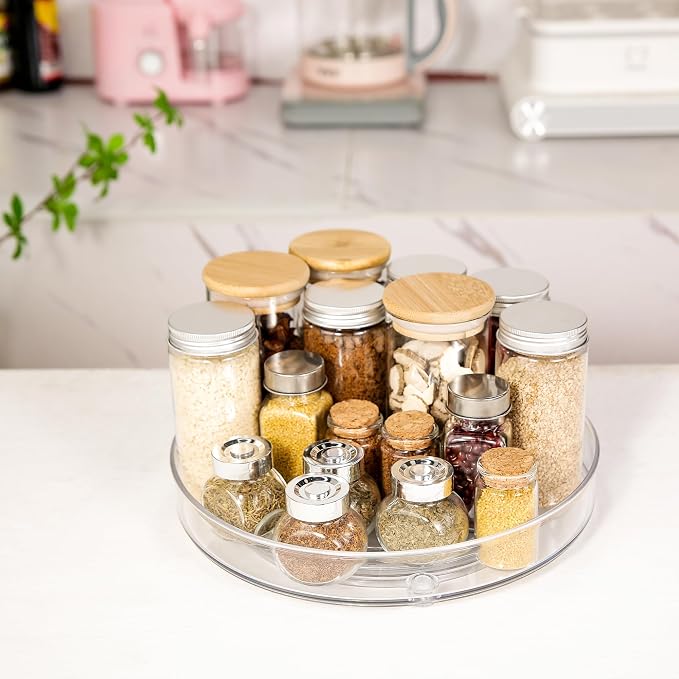 2 Pack Lazy Susan 9.25" Turntable Rotating Spin Organizer Storage | Pantry Organizers and Storage Container Bins Spice Rack Cabinet Condiment for Countertop Kitchen Fridge Bathroom Holder Clear