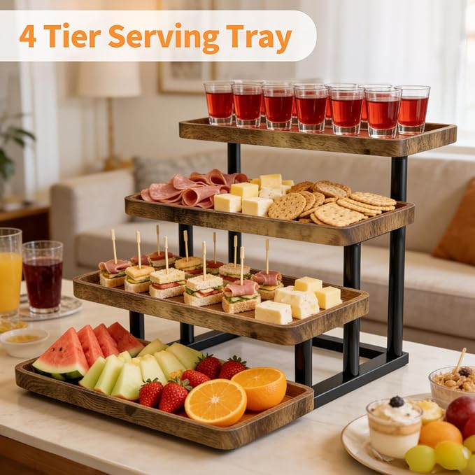 4 Tier Cupcake Stand, 15.7" Large Wooden Serving Tray | Party Food Display, Rustic Tiered Tray Decor Capable of Dessert Table & Perfume Organizer, with Sturdy Metal Frame