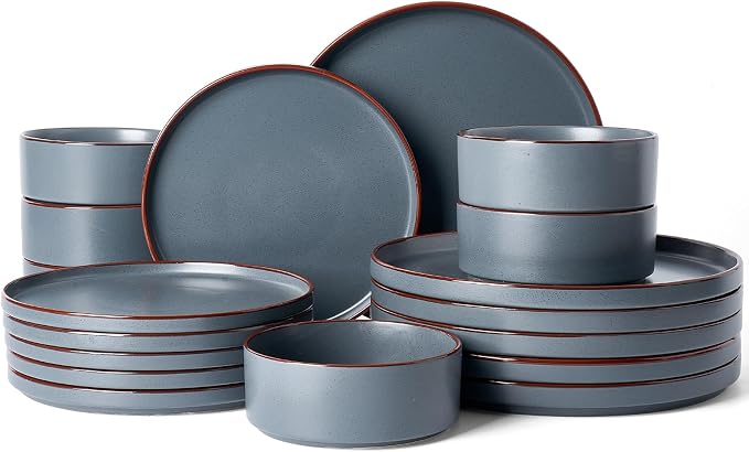 Famiware Nebula Ridge 18-Piece Stoneware Dinnerware Set, Charcoal | Plates and Bowls for 6, Warm Hand-Painted Rims, Microwave and Dishwasher Safe, Daily Essentials
