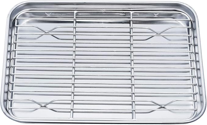 TeamFar Toaster Oven Pan with Cooling Rack, 10.4"x 8"x1" Toaster Oven Tray | Stainless Steel Toaster Oven Pan with Baking Wire Rack for Cooking, Healthy & Non Toxic, Mirror Finish & Dishwasher Safe