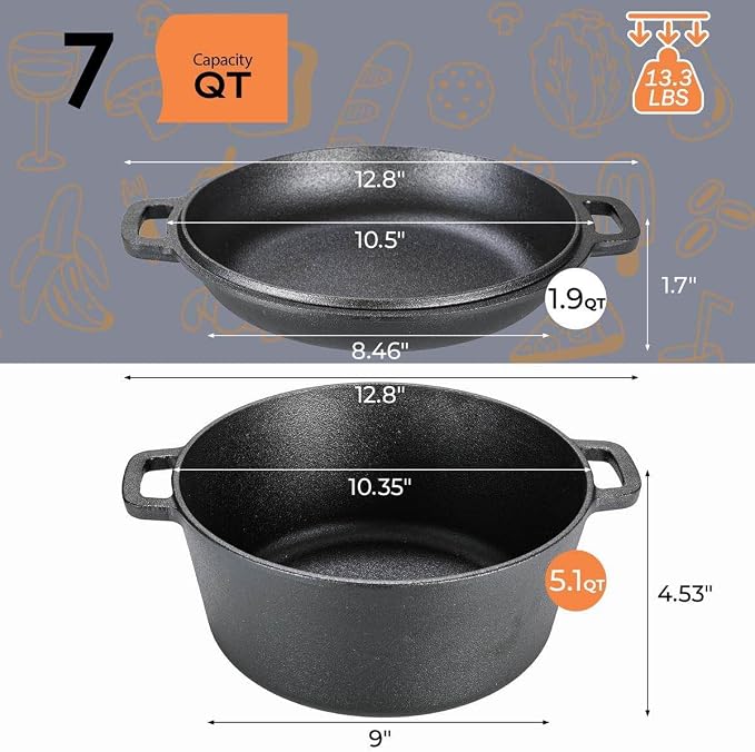 TLGREEN Cast Iron Dutch Oven 5.1QT Pot 1.9QT Skillet Lid Silicone Holders | Cast Iron Skillets, Heat Resistant Stand Included, Fits All Heat Sources for Outdoor Camping, Safe for Long High Temp Cooking