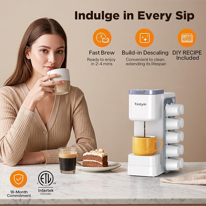 Tastyle Hot & Iced Coffee Maker with Magnetic K-Pod Holder, Fits 7.3'' Mug | Stores 10 Pods, for K Cup & Grounds, Compact for Home, Office & RV, Brew 6-24oz Coffee, 40 oz Removable Tank, K330CH, White