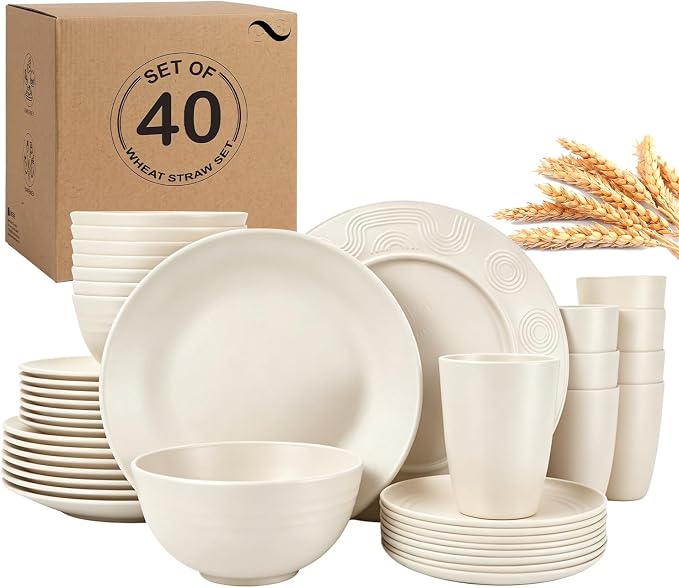 PYRMONT 40 PCS Dishes Set Wheat Straw Plates and Bowls Set Service for 8 Unbreakable & Lightweight Dinnerware Set Microwave & Dishwasher Safe for Apartment,Camping,Kitchen-Beige