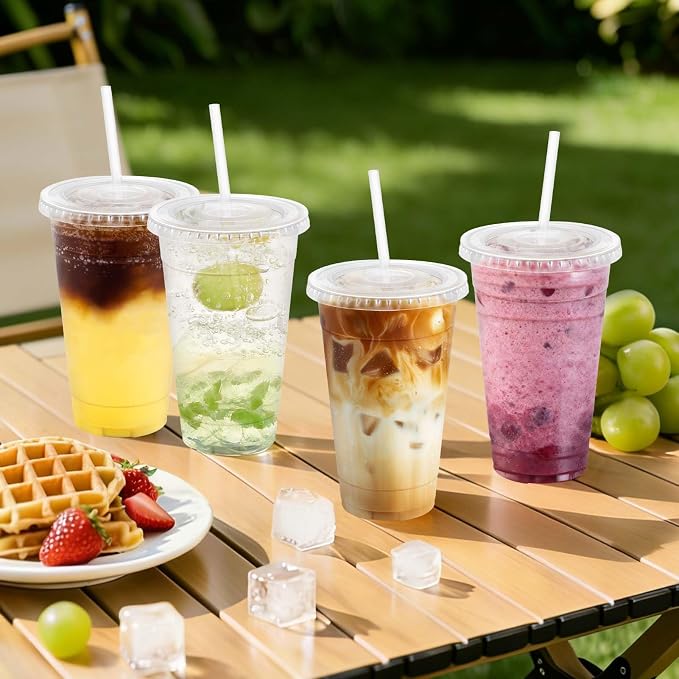 Clawsoff 500 Pack 20 oz Disposable Clear Plastic Cups with Lids and Straws | Leak-Proof Sturdy Cold Drink Cups for Iced Coffee, Smoothies, Juice, Parties & Business