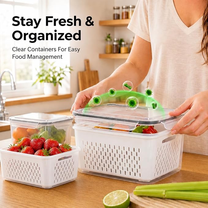 Fruit Storage Containers for Fridge with Lids, Fridge Organizers and Storage Produce Saver Box with Removable Drain Basket for Fruit Berry Salad Vegetable Meat, 380ml to 3150ml (4 Pack)