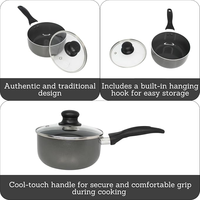 IMUSA 1.5 Qt Chef Cera Aluminum Ceramic Saucepan with Glass Lid, Gray | Ideal for Sauces and Side Dishes, Great for Everyday Cooking