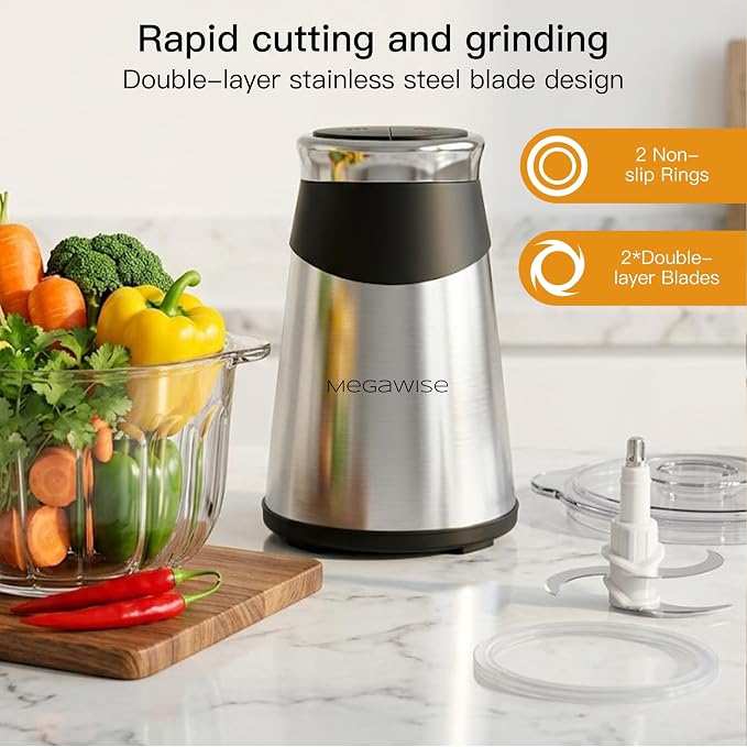 MEGAWISE Electric Food Processor, 1000W Meat Grinder & Vegetable Chopper with 4L Thick Glass Bowl, 4 Blades and Dual-Speed Food Chopper for Meat, Vegetables, Fruits, Nuts, and Baby Food