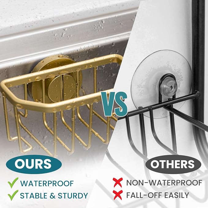 TAILI Sponge Holder for Kitchen Sink with Strong Suction Cup Removable, Rustproof Aluminum Sink Caddy for Sponge, Brush, Scrubber, Scraper -Gold | for Kitchen Sink Organizer, Removable Sponge Caddy Inside Sink, Rustproof Aluminum Holder for Sponges, Br...