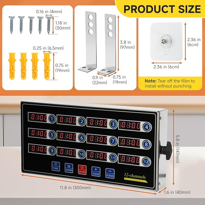 Commercial Kitchen Timer for Cooking, 12 Channel Timer Restaurant Kitchen Supplies, Heavy-Duty Timer - Stainless Steel | Digital LED Technology | Reminder Function | Loud Alarm