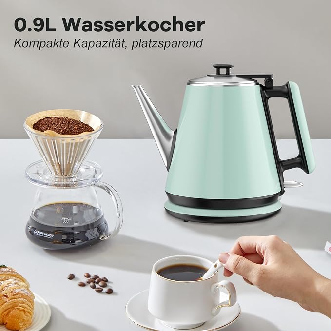 Small Gooseneck Electric Kettle 0.9L, 1000W, Pour Over, Green | 304 Stainless Steel BPA Free, Fast Boiling, Vintage Design, Auto Shut-Off, Dry Boil Protection, For Dorm Office Tea Coffee