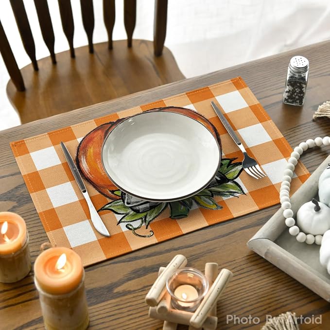 Artoid Mode Buffalo Orange Plaid Pumpkin Fall Placemats Set of 4, 12x18 Inch Seasonal Autumn Table Mats for Party Kitchen Dining Decoration | Heat-Resistant Table Mats, Washable Seasonal Autumn Buffalo Plaid Kitchen Dining Decor