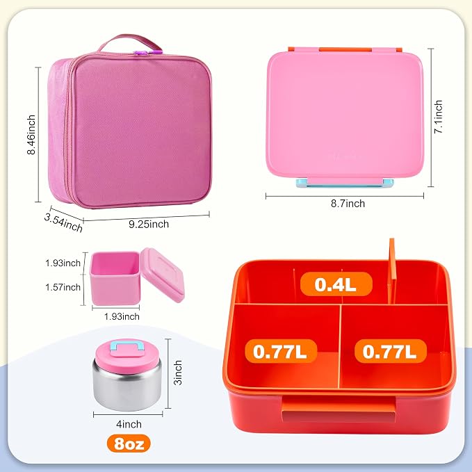 Bento Lunch Box for Kids with Thermo, Leakproof Bento Box with 8oz Insulated Food Jar, Lunch Bag, BPA Free Dishwasher Safe 4 Compartment Container for School Girls Boys (Pink)