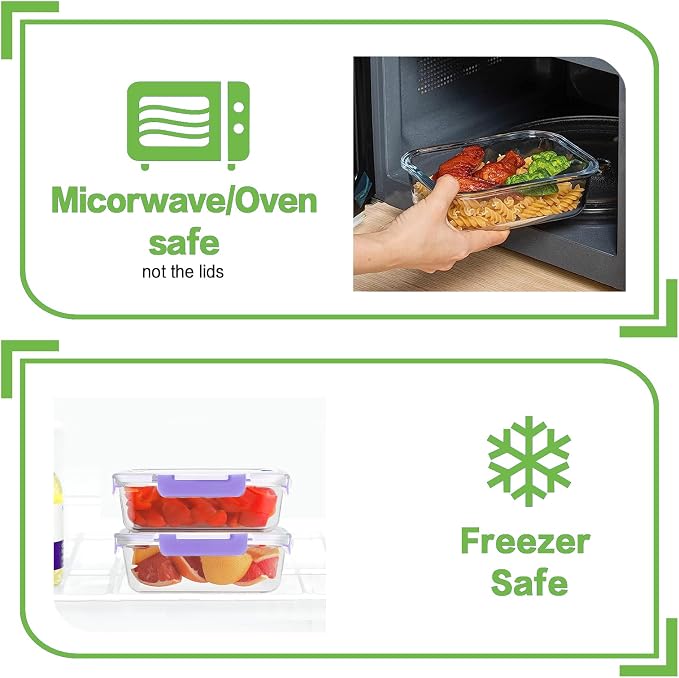 8-Pack 36oz Large Glass Meal Prep Containers with Leakproof Snap-Lock Lids | Borosilicate Glass Food Storage Containers and Bento Boxes , BPA-Free, Oven, Freezer and Dishwasher Safe-Purple