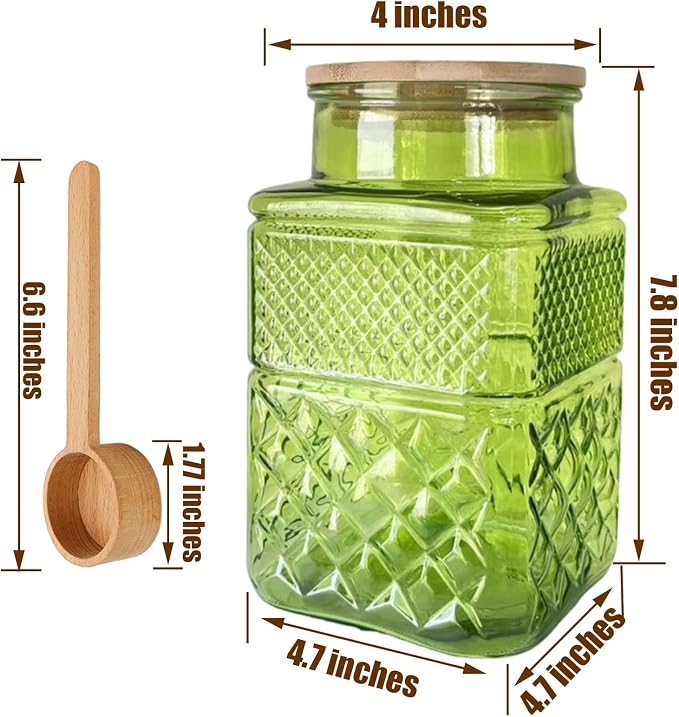 Coriario 60oz Green Glass Jar with Airtight Lid and Spoon Square Glass Jars | Vintage Glass Food Storage Canister Decorative Sugar Coffee Container