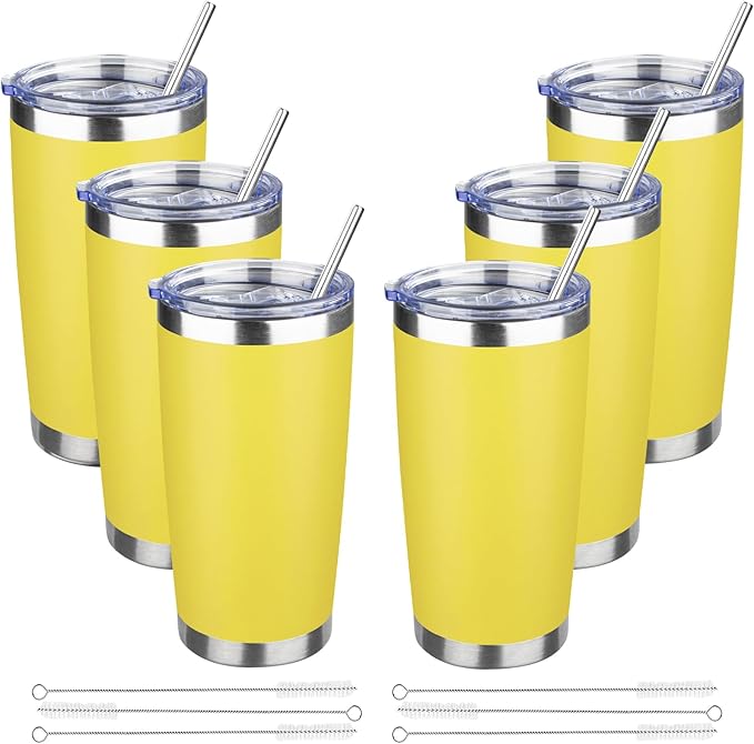 20 oz Tumbler with Lids and Straws, Stainless Steel Insulated Travel Coffee Mug, Double Wall Vacuum Insulated Tumblers, Powder Coated Coffee Tumbler for Cold & Hot Drinks (Yellow, 6 Pack)