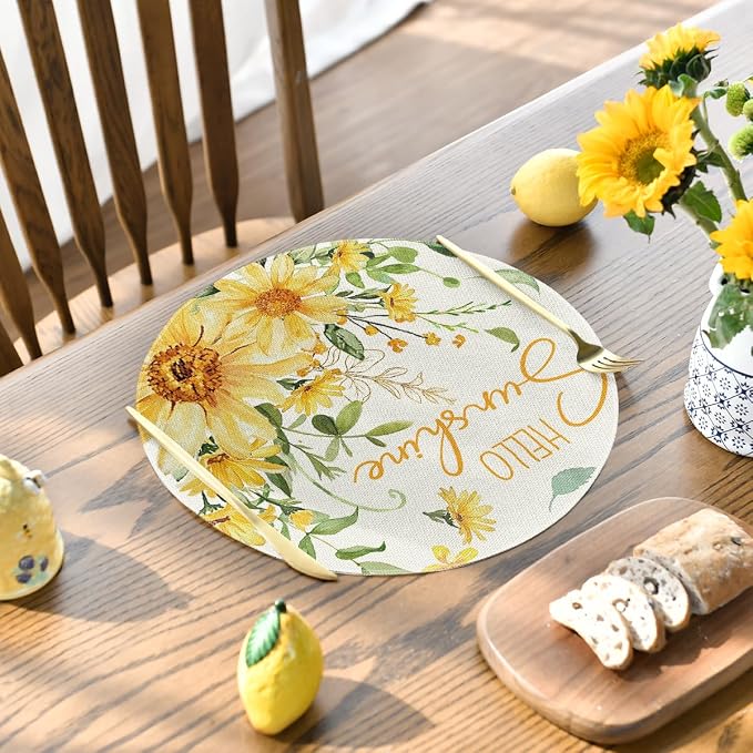 Artoid Mode Hello Sunshine Sunflower Round Summer Placemats Set of 4, 14 Inch Spring Round Table Mats for Dining Decoration