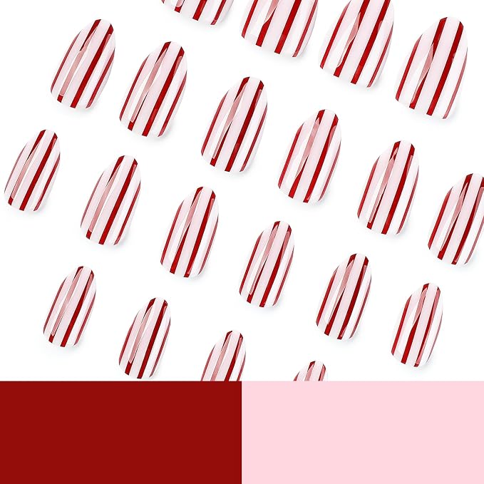 Stripe Press On Nails Short Almond Fake Nails With Pink Stripe Designs | Glossy False Nails Acrylic Nails Press Ons Full Cover Glue On Nail Reusable Stick On Nail For Women 24Pcs