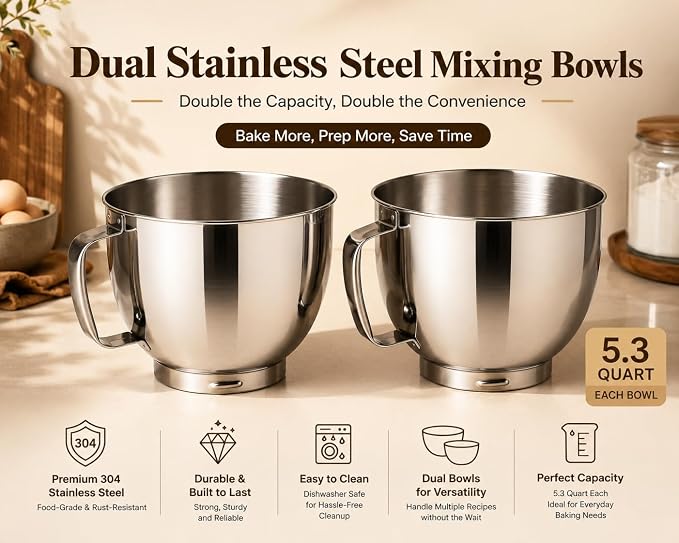 Stand Mixer Powerful DC Motor with Dual Bowl 5.3 QT, Heavy Duty Dough Mixer with 4 Stainless Steel Attachments, Multifuncational Powerhub & 8 Speed Control & Timer