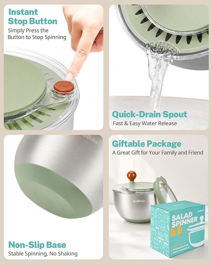 Stainless Steel Salad Spinner with Storage Lid, 5.3 Qt, BPA-Free | Quick Dry 4-in-1 Multi-Functional Lettuce Spinner, Drain, Stop Button, Fruit & Vegetable Washer, Non-Slip Base, Easy Clean
