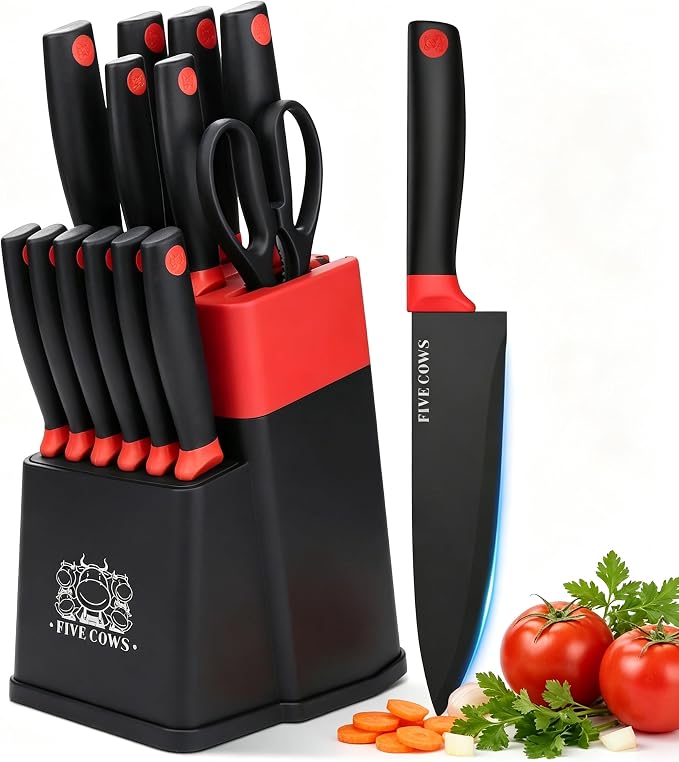 14 Pcs Kitchen Knife Block Set with Sharpener German High Carbon Stainless Steel Chef Knives, Razor-Sharp & Durable, Lightweight Anti-Slip Handle, Professional Set for Home & Kitchen (Red)