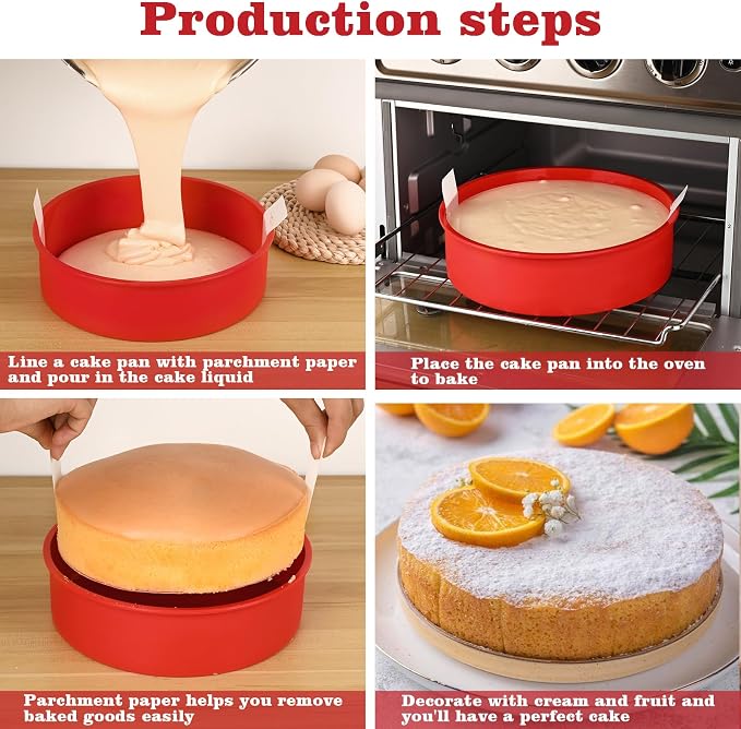 HUAKENER 8 Inch Round Cake Pan,3Pcs Silicone Cake Mold with Parchment Paper | Nonstick Cake Molds with 100 Pieces Parchment Paper for Birthday Cakes, Layer Cakes, Cheese Caks, Chocolate Cakes