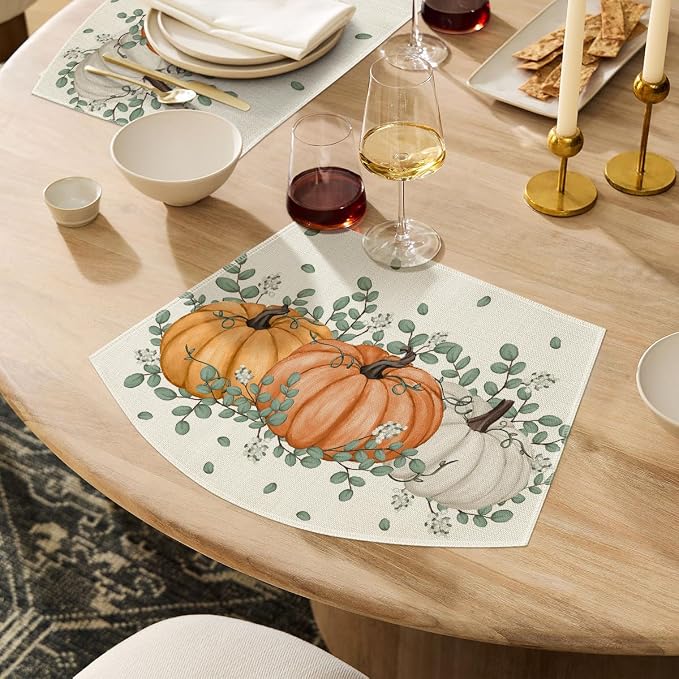 Artoid Mode Pumpkin Eucalyptus Fall Wedge Placemats Set of 4-12 x 18 Inch | Heat-Resistant, Washable Table Mats, Seasonal Autumn Leaves Kitchen Dining Decor