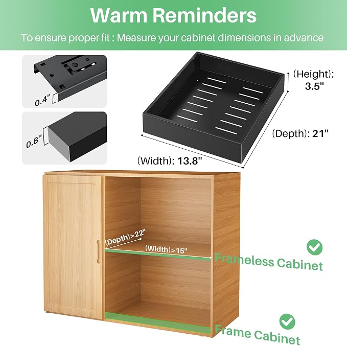 Kitstorack 2Pack Pull out Cabinet Organizer, 21" Deep, Heavy Duty Full-extension Slide out Drawers for Kitchen Cabinet, Roll out Shelf Storage with Nano Adhesive for Pots, Bathroom, Pantry,Home,Black