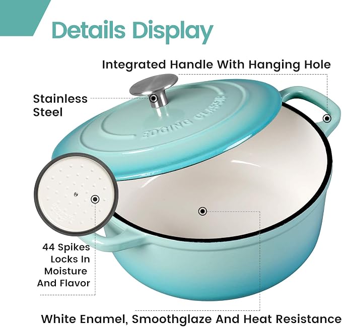 EDGING CASTING Enameled Cast Iron Covered 5.5 Quart Dutch Oven with Dual Handle for Bread Baking, Dutch Ovens with Lid, Peacock Blue