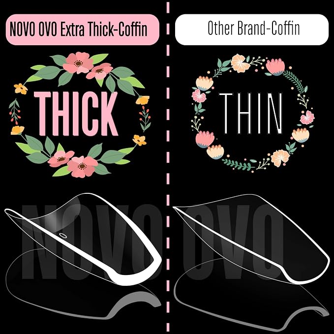 NOVO OVO Medium Coffin Nail Tips Extra Thick Press on No C Curve, Soft Gel Natural Fake Nail Extension, Full Cover Clear False Nails for Acrylic, French Manicure Salon DIY x 14 Sizes 224 pcs