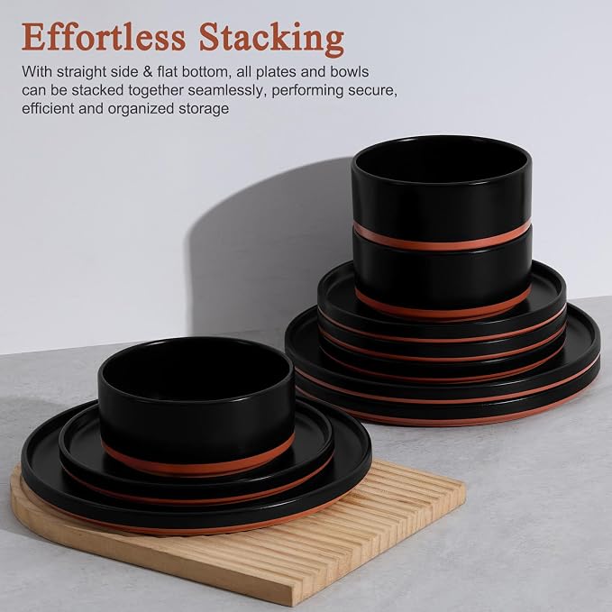 LIANYU 12 Pieces Porcelain Dinnerware Set, Dishes Set for 4, Charcoal Black | High-Fired Ceramic Plates and Bowls Set for 4, Chip & Scratch Resistant, Microwave Dishwasher Safe