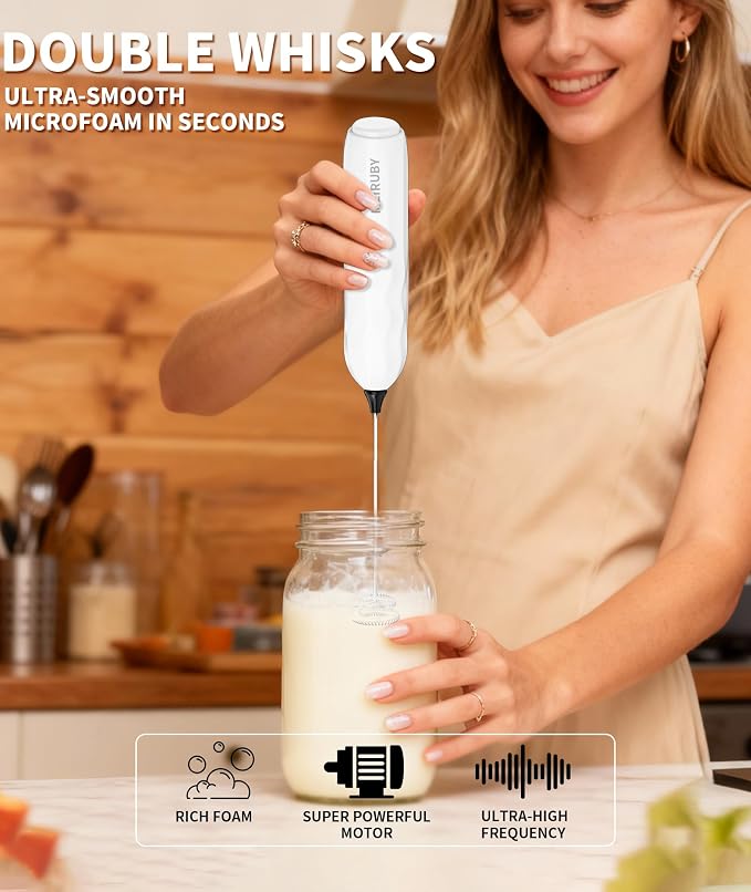 2-Pack Milk Frother Handheld with Stand, Valentines Day Gifts for Him and Her, Powerful Electric Coffee Frother, Coffee Lover Gift for Lattes, Cappuccino, Matcha & Hot Chocolate, Black/White