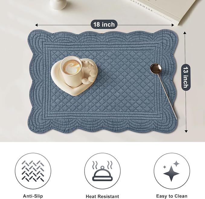 6 PC Quilted Placemats, 18"X13"Extra Large Cotton Placemats Set of 6, 100% Cotton Fabric Washable Cloth Table Mats for Kitchen & Dining Table - Soft &Easy Clean(Navy Blue, Rectangular)