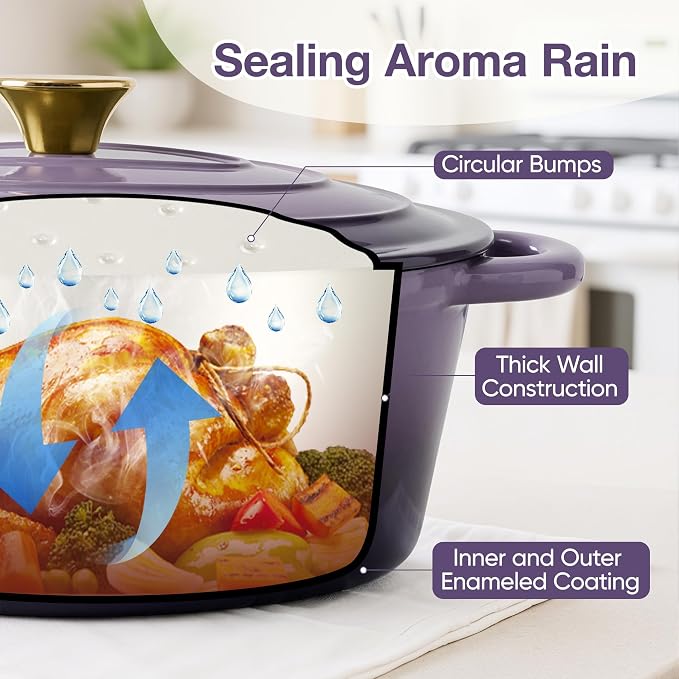 Oval Dutch Oven for Bread Baking, 4.5 Quart Non Stick Enameled Cast Iron Dutch Oven Pot with Lid, Oven Safe Oval Casserole with Lid up to 500°F for Baking, Braising, Stews, Roasting, Purple