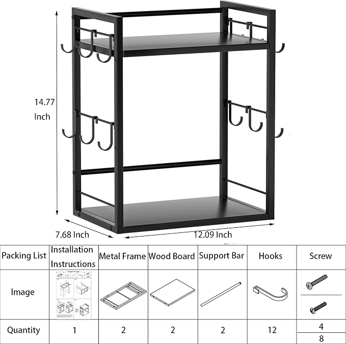 Dorhors Coffee Bar Organizer,Mug Holder,Station Organizer Kitchen Counter | 2 Tier Black Wood Coffee Bar Accessories with 12 Hooks,Countertop Shelf for Mug,Syrup and Accessories