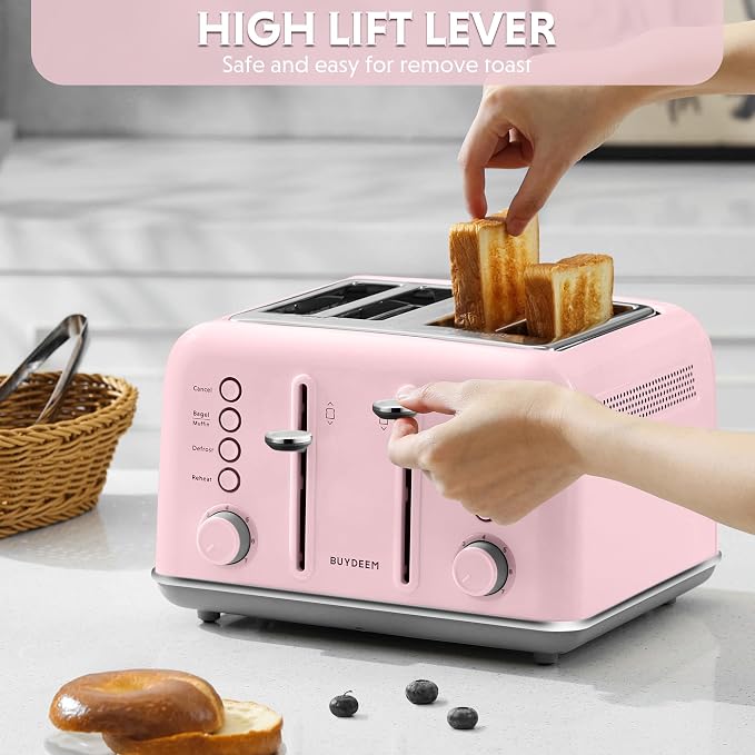 BUYDEEM DT640 4-Slice Toaster, 7 Shade Settings, Extra Wide 1.5’’ Slots for Bagel & English Muffin, 6 Toasting Functions, Retro Stainless Steel Toaster with High Lift Lever, 1800W, Pink