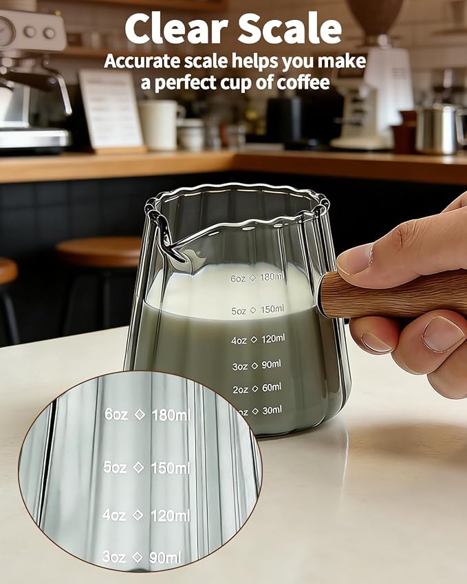 Espresso Measuring Cup 6 Oz, Espresso Glass Cups with Wood Handle, Milk Frothing Cup, Espresso Cup for Coffee, Milk, Tea or Maple Syrup Serving
