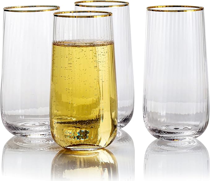 Lysenn Stemless Wine Glasses Set of 4 - Premium Hand Blown Drinking Glasses for Bubbly Wine & Champagne - Elegant Vertical Stripe and Gold Rim Champagne Flutes – Clear 17oz | Ultra Clear, Premium Quality, Large 17oz Capacity for Sparkling Wine and Bubb...