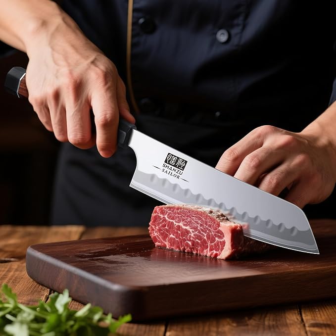 SHAN ZU 7 Inch Japanese Santoku Knife, 9 Layers 10Cr15MoV High Carbon Steel | Professional Kitchen Knife, Sharp Cooking Chef Knife with Ergonomic Red Sandalwood Handle, Meat Cutting Sashimi Chef Knife