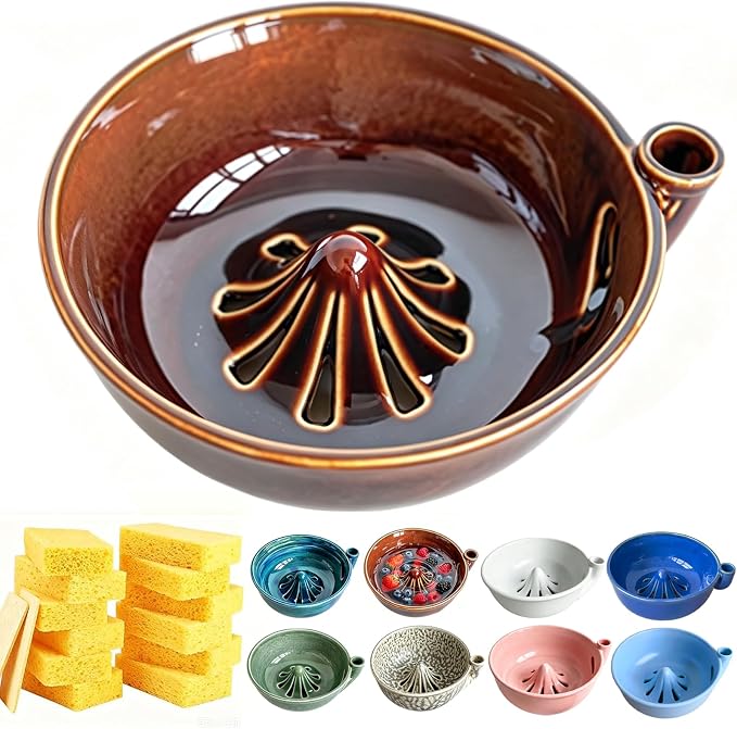 Self Spinning Ceramic Berry Washing Bowl with Drain Holes, 7'' Kitchen Fruit Washer Spinner Bowl with 10pcs Sponges，Brown