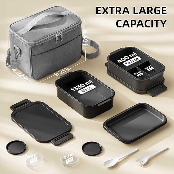 Bento Box Adults Lunch Box - 2130ml Lunch Box for Men with Insulated Lunch Bag, Utensils & Sauce Container, Leak Proof Bento Box for Boys, Reusable Plastic Lunch Containers for Work, Meal Prep, Black