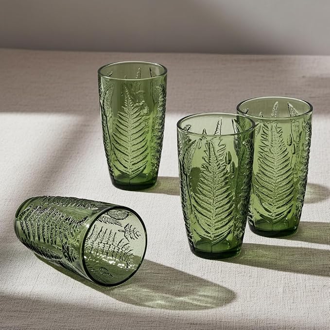 Green Drinking Glasses Set of 4, 16 oz Glass Cups, Vintage Fern Glassware | Hand-Pressed, Dishwasher Safe, Boho Leaf-Textured Drinkware, Embossed Highball Tumblers for Water, Retro Kitchen Gift