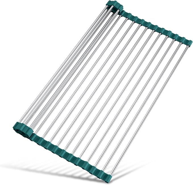 Tomorotec Roll Up Dish Drying Rack Over Sink,304 Steel,17.7x12.5,DarkGreen | Anti-Slip Silicone Rims For Grip, Heat-Resistant Trivet Mat Holding Heavy Cookware, Rustproof Kitchen Counter Space Saver