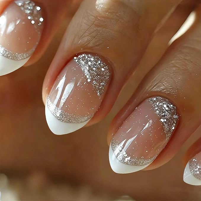 White French Tip Press On Nails Short Almond Fake Nails Silver Glitter Acrylic Nail Tips Reusable Full Cover Glue on Nails White Ombre False Nails Shiny French Manicure for Women Girls 30Pcs